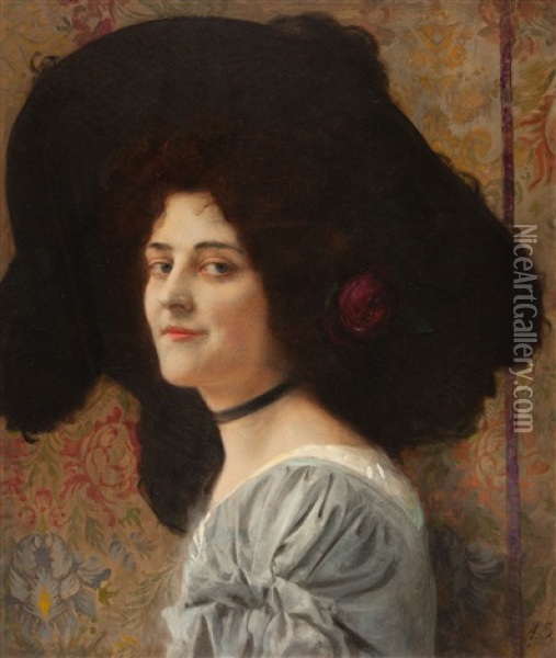 Portrat Einer Jungen Frau Mit Einer Rose Im Haar Oil Painting - Albert Schreyer