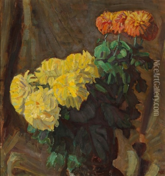 Gule Chrysanthemum Oil Painting - Niels Larsen Stevns