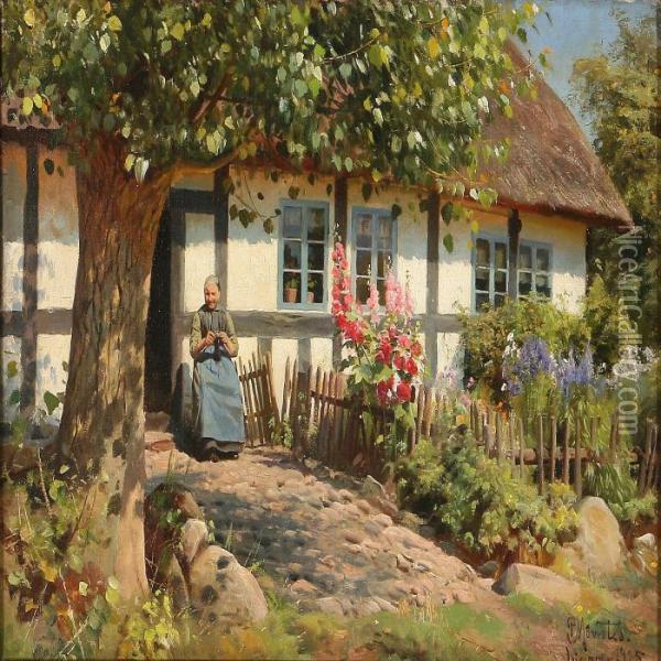 Grandmother Crochetingon A Summer Day Oil Painting - Peder Mork Monsted