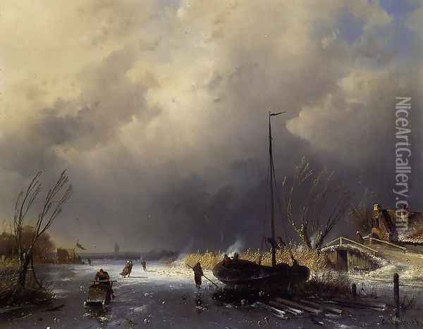 A Winter Landscape with Skaters Oil Painting - Charles Henri Leickert