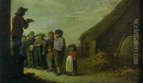 A Man Addressing A Group Of Peasants By A Barn Oil Painting - Pieter de Bloot