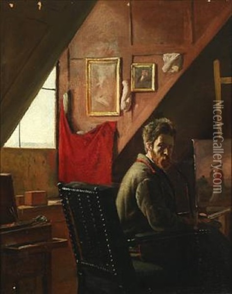 Proff. Carl Thomsen I Sit Atelier Oil Painting - Frants Peter Didrik Henningsen