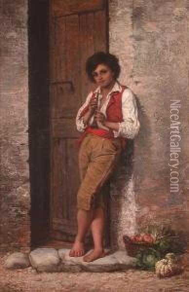 Portrait Of A Young Boy Standing In A Doorway Oil Painting - Attilio Baccani