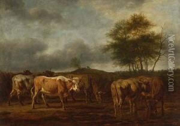 Kuhe Bei Der Tranke Oil Painting - Friedrich Johann Voltz