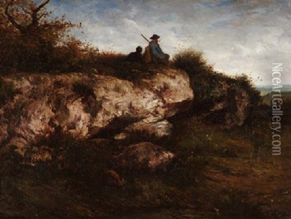 Herr Mit Seinem Jagdhund Auf Einer Anhohe Sitzend Oil Painting - Gustave Courbet