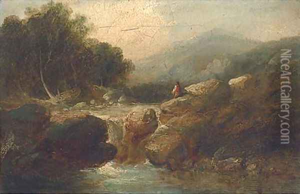 An angler in a river landscape Oil Painting - George Armfield