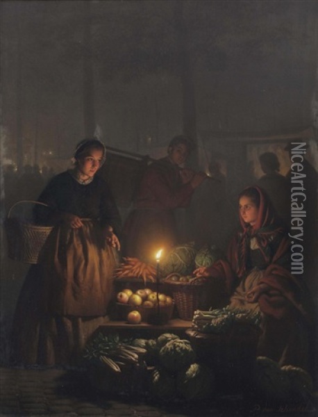 Groentemarkt Bij Avond: A Vegetable Seller Offering Her Wares Oil Painting - Petrus van Schendel