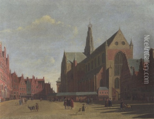 Der Platz Vor Der St. Bavo - Kirche In Haarlem Mit Zahlreichen Staffagefiguren Oil Painting - Gerrit Adriaensz Berckheyde