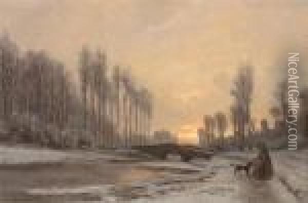 le Pont A Gretz Sur Loing, En Hiver Oil Painting - Auguste-Paul-Charles Anastasi