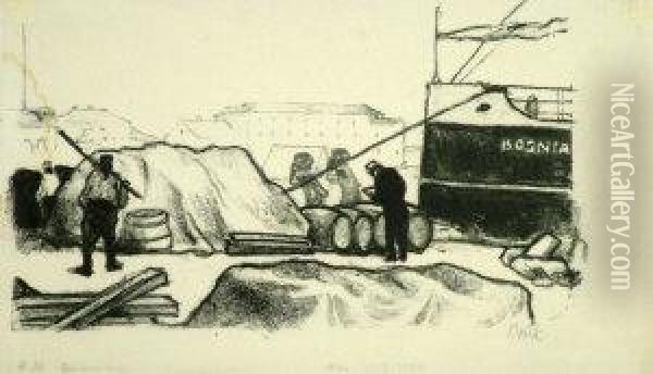 German -- Figures Working By A 
Quayside; Lithograph On Japan Paper, Signed In Pencil, 14x23cm: Together
 With One Other Lithograph By The Same Hand On Japan Paper By The Same 
Hand Depicting Two Seated Arab Women: Together With A Large Collection 
Of Oil Painting - Emil Orlik