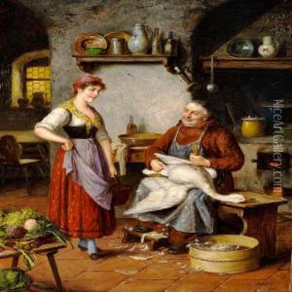A Monk Is Plucking A Swan In The Cloister's Kitchen Oil Painting - Carl Ostersetzer