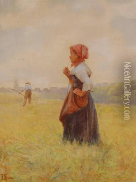 Figures In The Harvest Fields Oil Painting - A Besnou