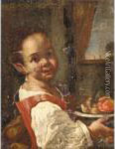 Portrait Of A Girl, Half Length, Holding A Bowl Of Fruit Oil Painting - Antonio Amorosi
