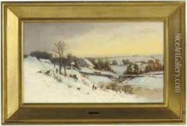 A Man Walking His Dog In A Snow-covered Valley Near Albany, Newyork Oil Painting - George Henry Boughton