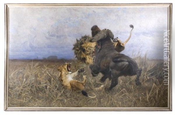 Lowenpaar Im Kampf Mit Einem Kaffernbuffel Oil Painting - Wilhelm Friedrich Kuhnert