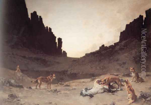 Dogs of the Douar Devouring a Dead Hourse in the Gorges of El Kantar Oil Painting - Gustave Achille Guillaumet