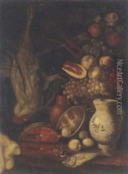 A Basket Of Fruit, Salmon, Eggs And An Earthenware Jug On A Partly-draped Table With A Cockerel Suspended Behind Oil Painting - Carlo Magini
