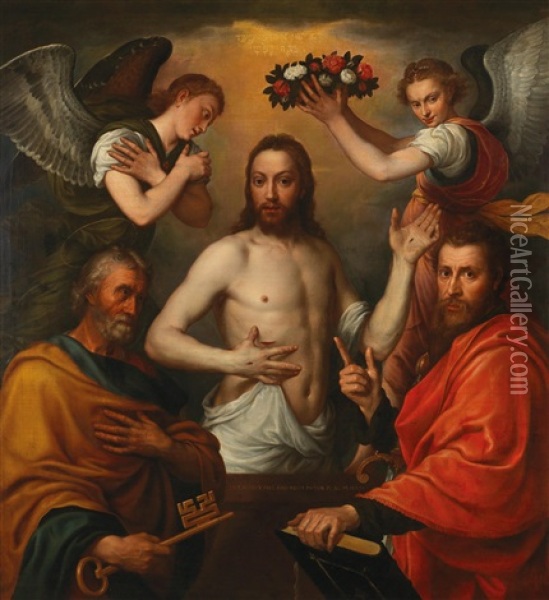 The Risen Christ With Saints Peter And Paul And Two Angels Oil Painting - Antonis Mor Van Dashorst
