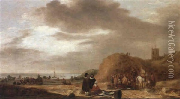 Fishmongers On The Beach Near Egmond Aan Zee Oil Painting - Willem Gillisz Kool