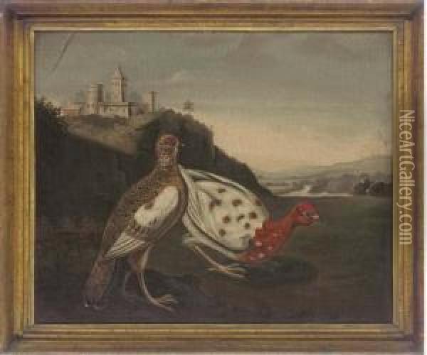 Pheasants Before A Castle Oil Painting - Stephen Elmer