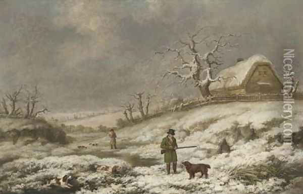 Snipe shooting in a winter landscape 1821 Oil Painting - James Barenger