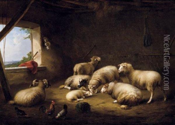 Moutons Et Poules Dans Une Bergere Oil Painting - Franz van Severdonck