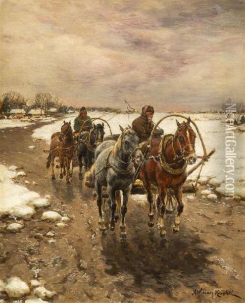 Cold Winter Ride Oil Painting - Alfred Wierusz-Kowalski