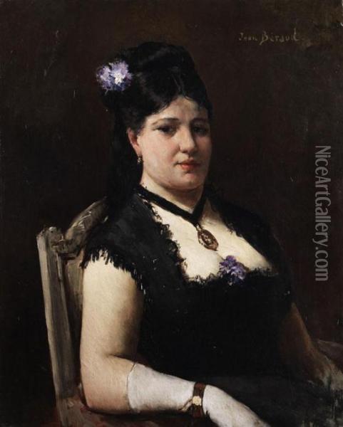 Portrait Einer Dame In Schwarzem Kleid Mit Blume Im Haar Oil Painting - Jean-Georges Beraud