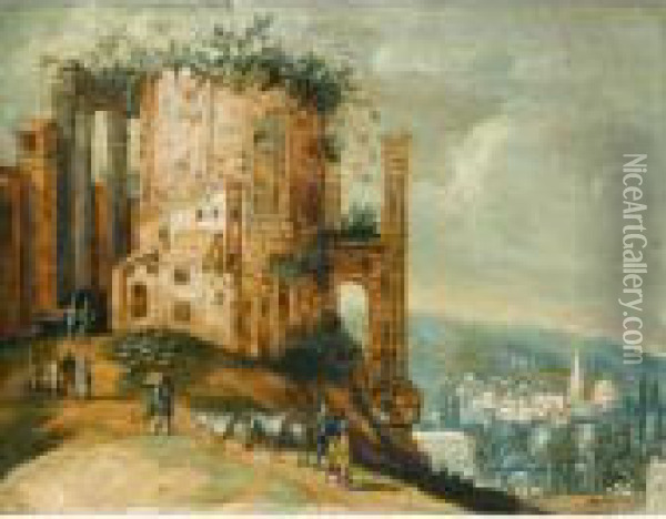 An Italianate Landscape With A Capriccio Of The Temple Of Vesta, Tivoli Oil Painting - Willem van, the Younger Nieulandt