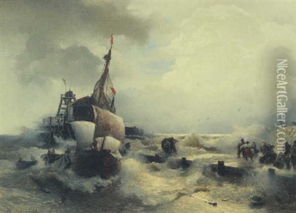 Anlandende Fischer Vor Kaianlage Mit Leuchtturm. Sturmische See Oil Painting - Andreas Achenbach