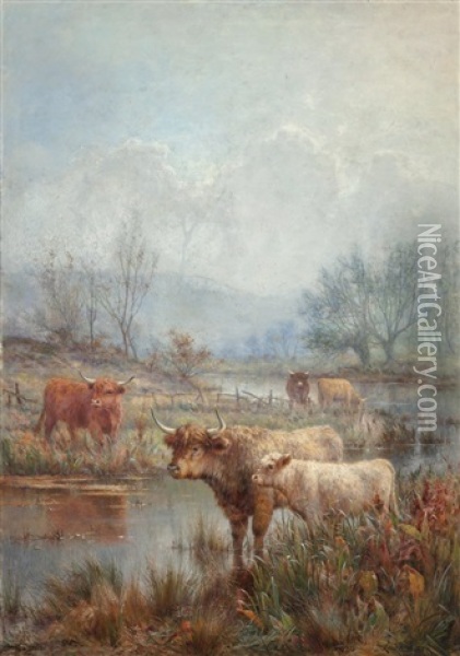 A Misty Morning, Scotch Cattle Oil Painting - Louis Bosworth Hurt