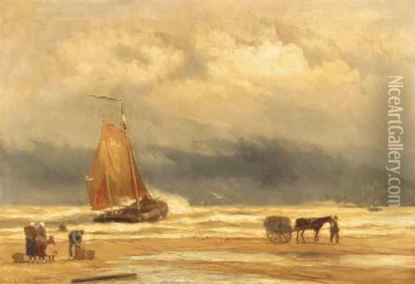 A Coastal Scene With A Shell Fisher, Fishmongers And A Bomschuit In The Surf Oil Painting - Johannes Hermann Barend Koekkoek