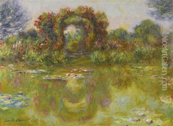 Bassin Aux Nympheas, Les Rosiers Oil Painting - Claude Monet