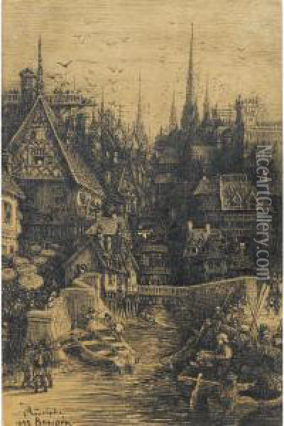 Vue D'une Ville Medievale Oil Painting - Rodolphe Bresdin