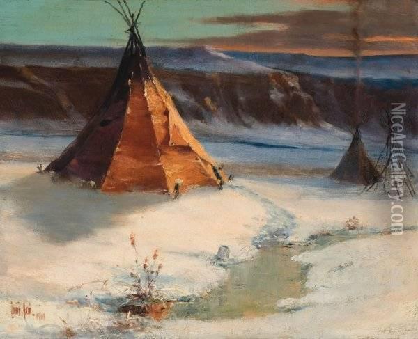 Title: Winter Indian Encampment Oil Painting - Louis B. Akin