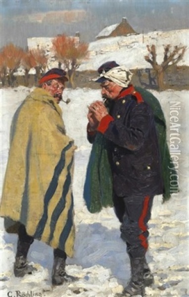 Kalter Wintertag. Zwei Franzosische Soldaten, Vor Einem Dorfe Inne Haltend Oil Painting - Carl Roechling