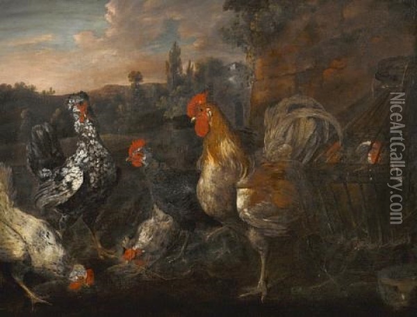 Hens And Roosters In A Landscape Oil Painting - Catharina Ijkens