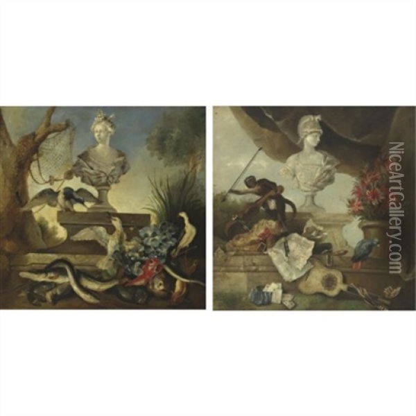 Still Lifes With Sculpture (pair) Oil Painting - Jean-Baptiste Oudry