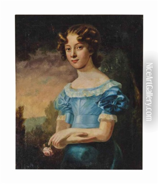 Portrait Of A Girl, Three-quarter-length, In A Blue Dress, Holding A Rose Oil Painting - Margaret Sarah Carpenter