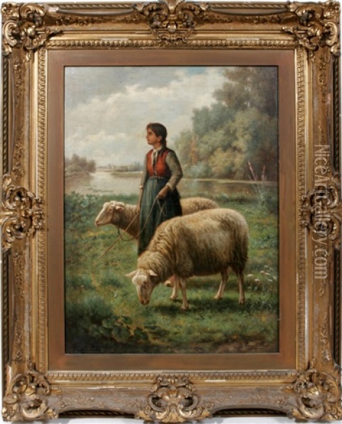 Shepherdess With 2 Sheep Oil Painting - Henri De Beul