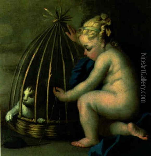 A Girl Baiting A Cat In A Basket With A Mouse Oil Painting - Jacopo Amigoni