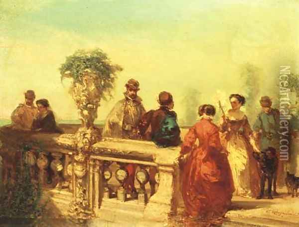 La Terasse elegant company on a terrace Oil Painting - Charles Rochussen