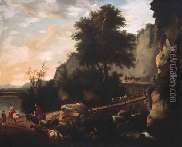Cowherds and cattle on a footbridge in an Italianate landscape Oil Painting - Willem Schellinks