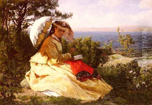 La Femme A L'ombrelle (The Woman with the Sunshade (Douarnenez Bay)) (or Baie De Douarnenez) Oil Painting - Jules Breton