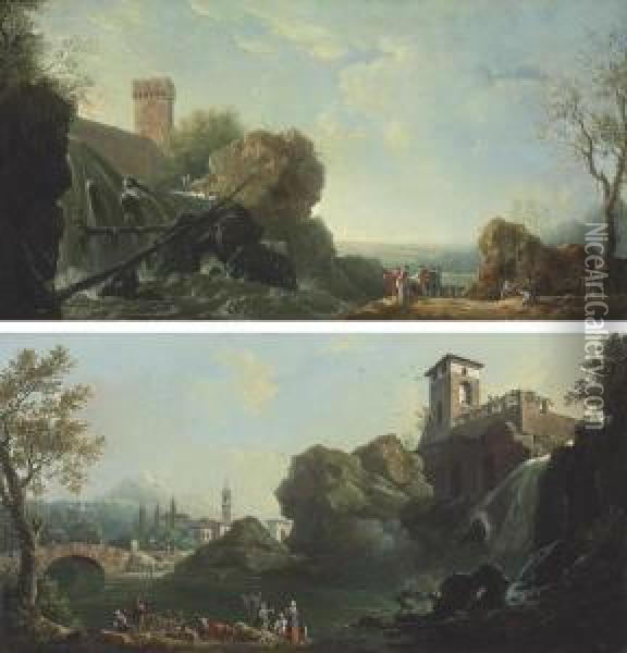 An Italianate Landscape With Elegant Figures By A Waterfall Oil Painting - Thomas Patch