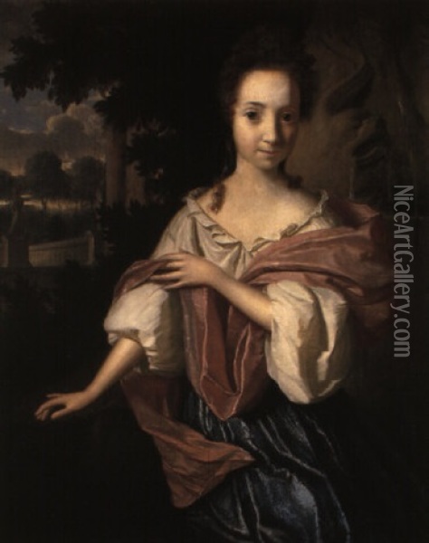 Portrait Of A Lady In A White Chemise By A Fountain In A Garden Oil Painting - Aleijda Wolfsen