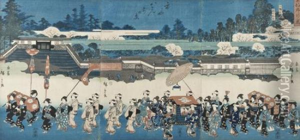 A Processional Triptych Oil Painting - Utagawa or Ando Hiroshige