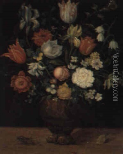 Blumenstraus In Einer Skulptierten Tonvase Oil Painting - Ambrosius Bosschaert the Younger