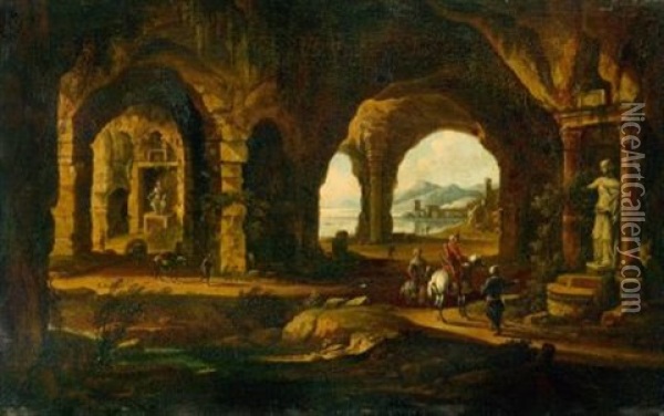 Capriccio Mit Grotten Und Orientalischen Reitern Vor Antiken Standbildern Oil Painting - Willem Van Bemmel