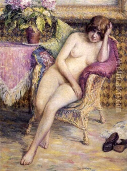 Seated Nude On A Wicker Chair Oil Painting - Frank Milton Armington